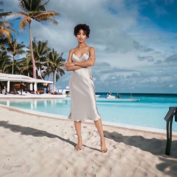 Nili Lotan Midi Cami Slip Dress Silk Silver Medium - Picture 9 of 9